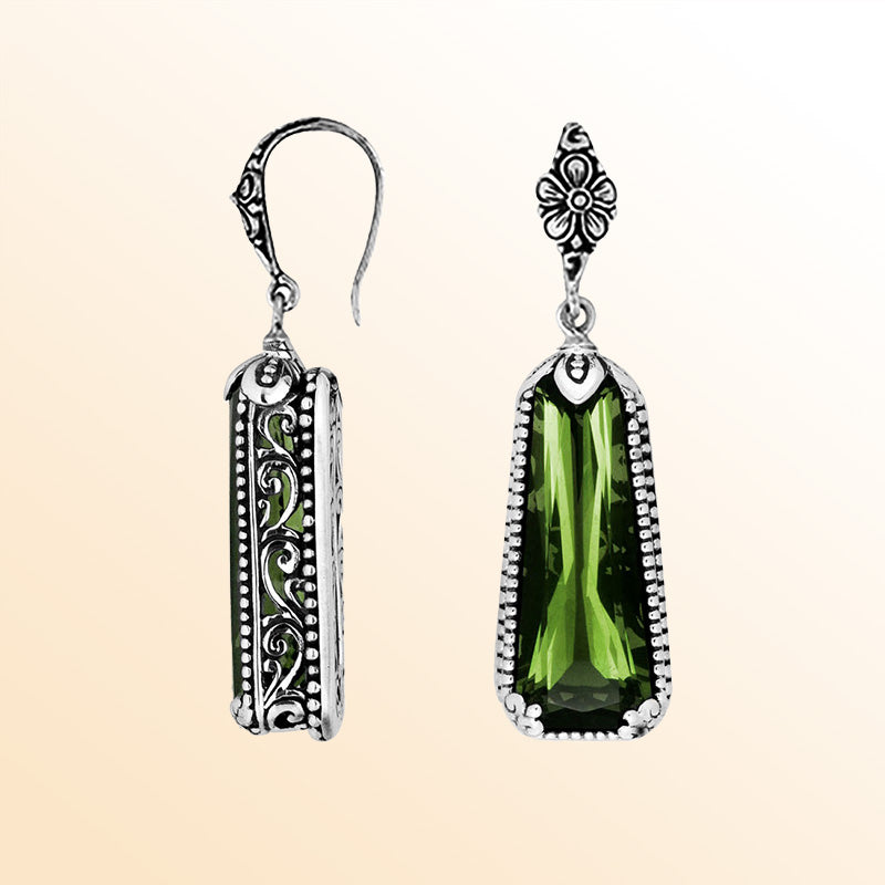 Sterling silver Green Amethyst Quartz long earrings with antique oxidized finish, floral pattern, and earwire lock.