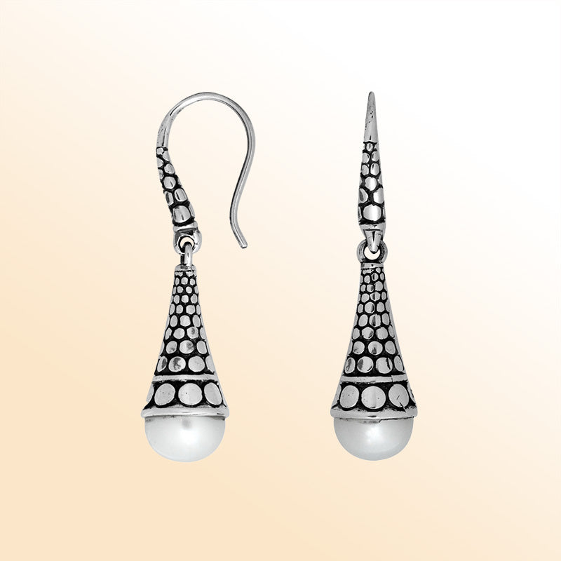 Sterling silver White Pearl cone drop earrings with antique oxidized finish and earwire lock.