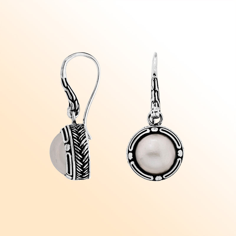 Sterling silver White Pearl round earrings with antique oxidized finish, textured detailing, and earwire lock.