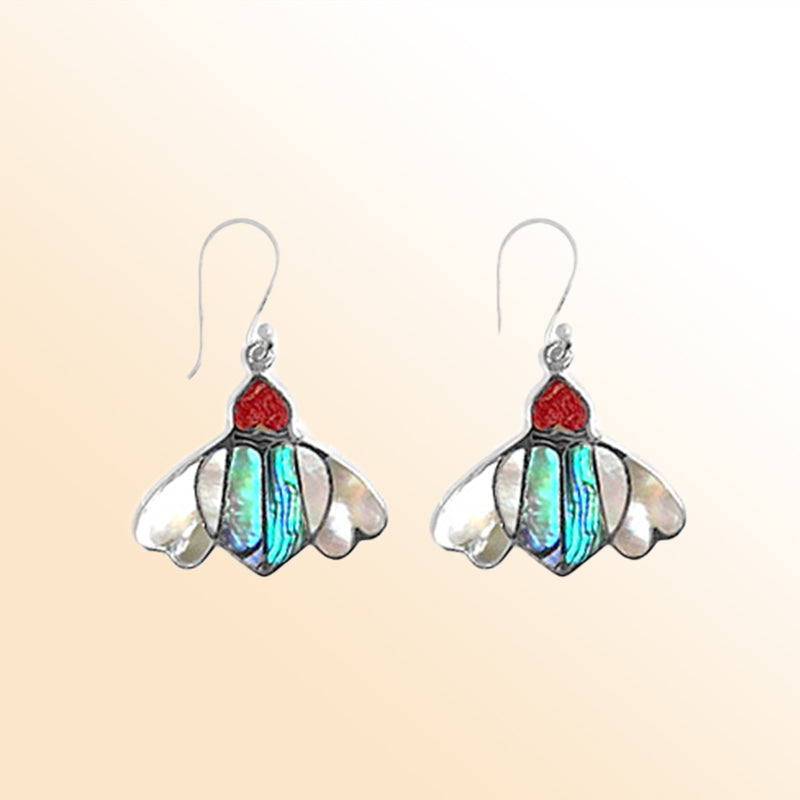 Sterling silver Abalone Shell, Red Coral, and Mother Of Pearl earrings with antique oxidized finish and earwire lock.