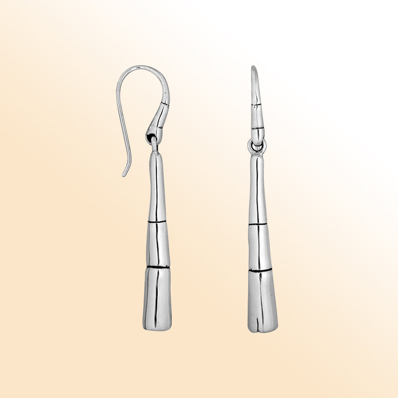 Sterling silver long bamboo-inspired earrings with mirror-polished finish and earwire lock.