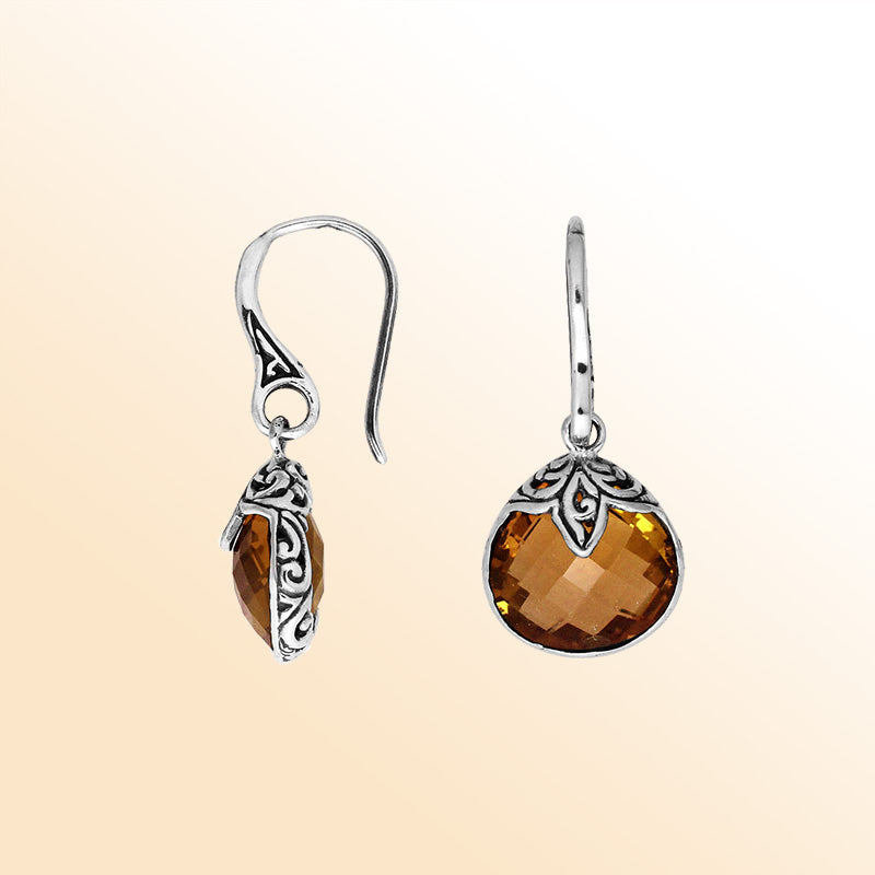 Handcrafted sterling silver Citrine Quartz round drop earrings with antique oxidized silver and golden glow design.
