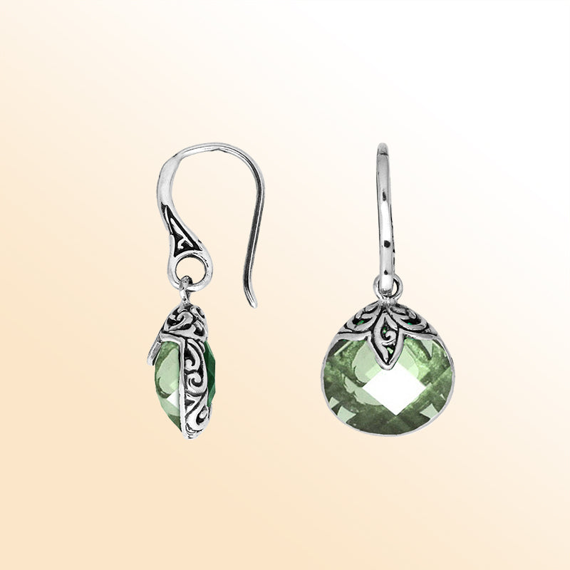 Handcrafted sterling silver Green Amethyst Quartz round drop earrings with antique oxidized detailing and elegant earwire design.