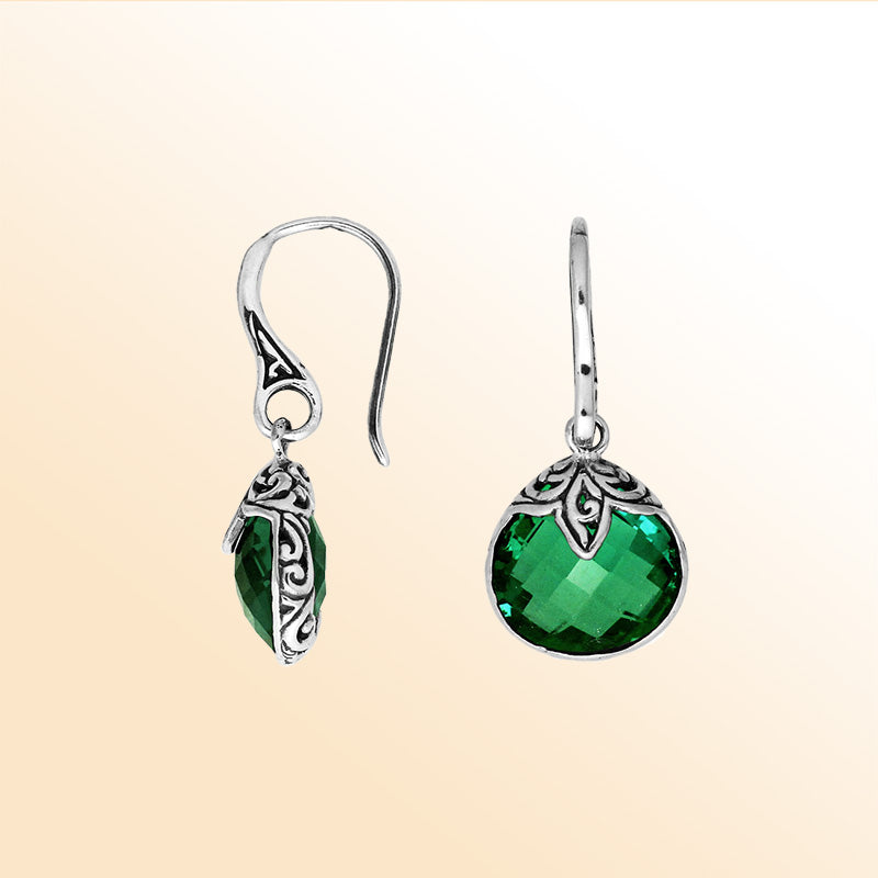 Handcrafted sterling silver Green Quartz round drop earrings with antique oxidized detailing and elegant earwire closure.