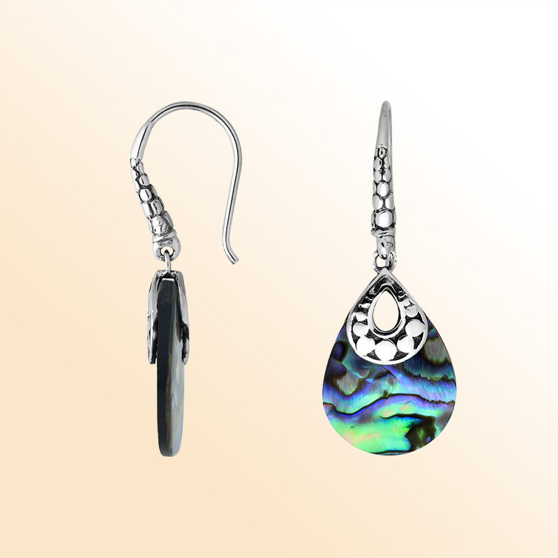 Handcrafted sterling silver Abalone Shell pear drop earrings with antique oxidized finish and ocean-inspired design.