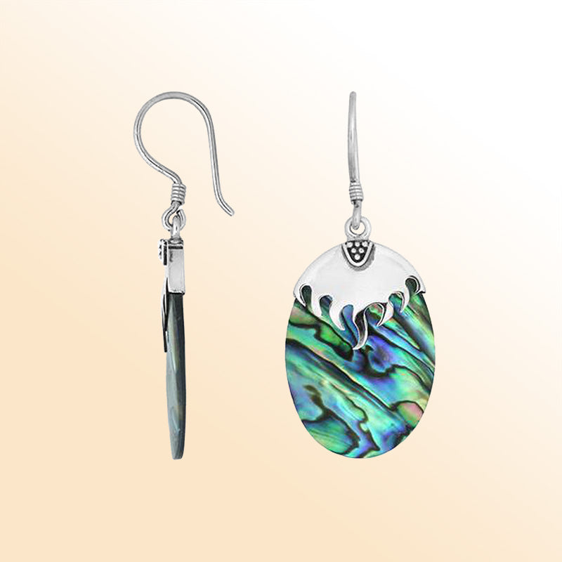 Artisan sterling silver earrings with wave-inspired silver caps over vibrant Abalone Shell oval drops.
