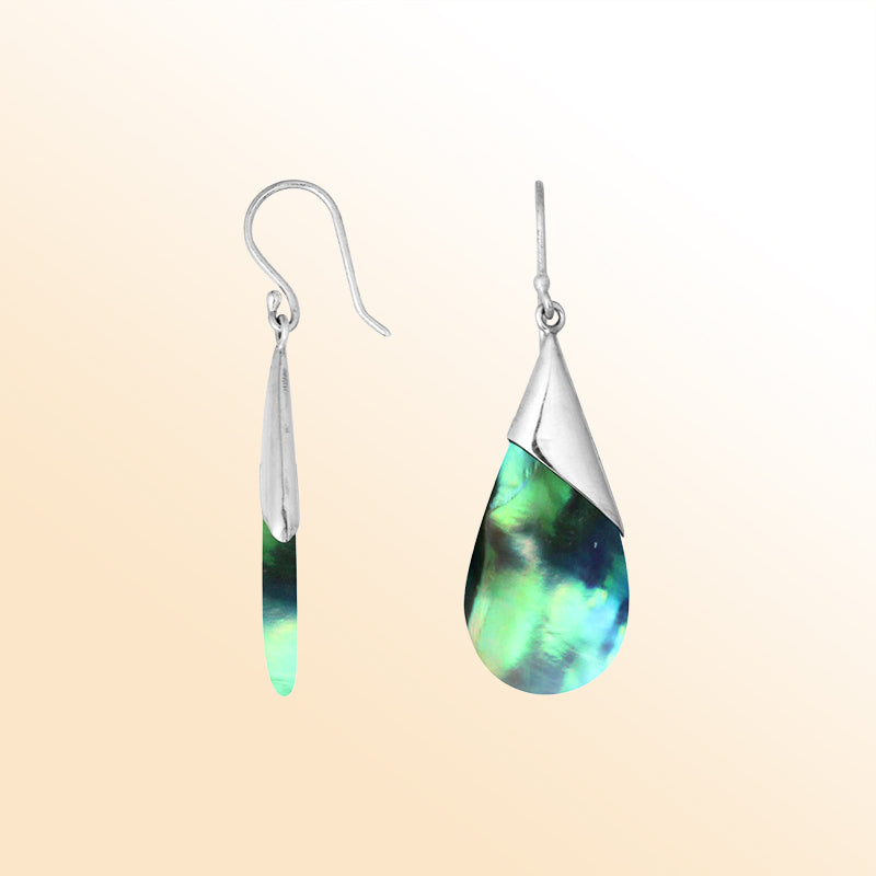 Artisan sterling silver earrings with glowing Abalone Shell teardrops wrapped in a sleek tapered silver cap.