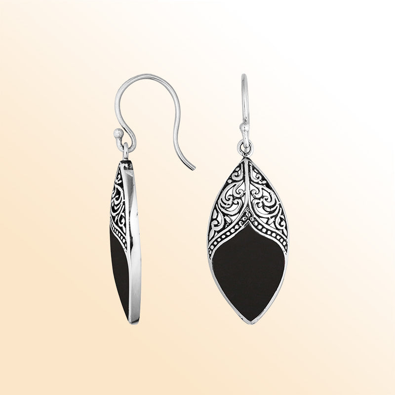 Artisan sterling silver marquise earrings with Black Shell and ornate decorative detailing.