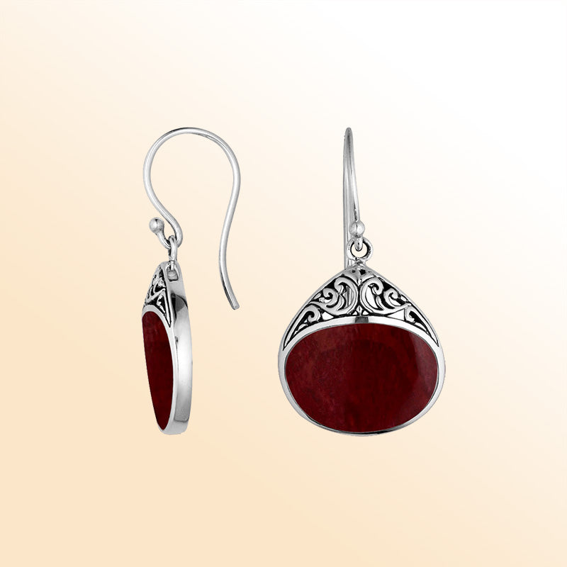 Sterling Silver Red Coral Drop Earrings With Handcrafted Filigree Details