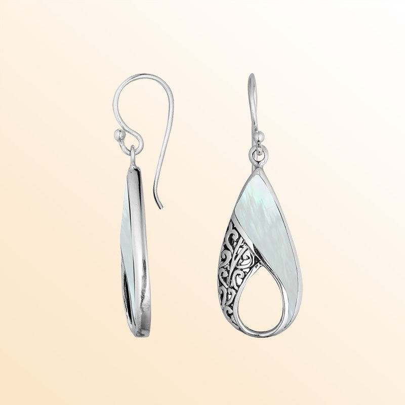 Sterling Silver Mother Of Pearl Pear Shape Earrings With Handcrafted Filigree Accents