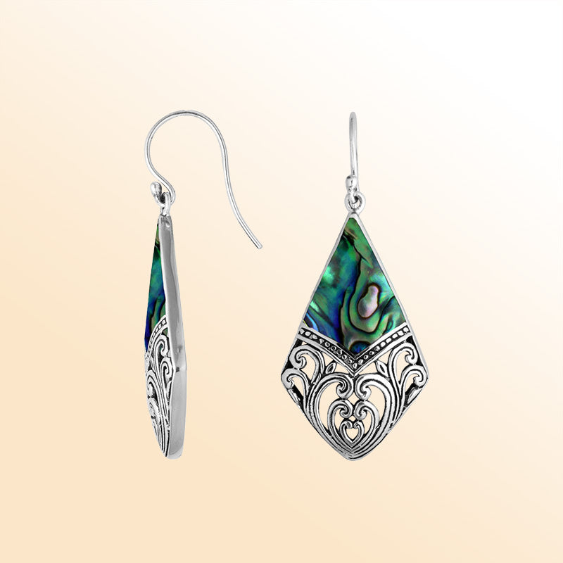 Sterling Silver Abalone Shell diamond earrings with ocean-inspired scroll filigree art, earwire lock, and polished finish handcrafted in Bali.