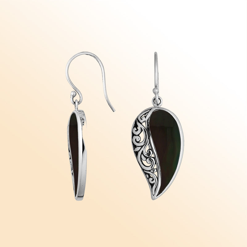 Sterling Silver Black Shell elegant leaf earrings with artistic filigree curves and earwire lock handcrafted in Bali.