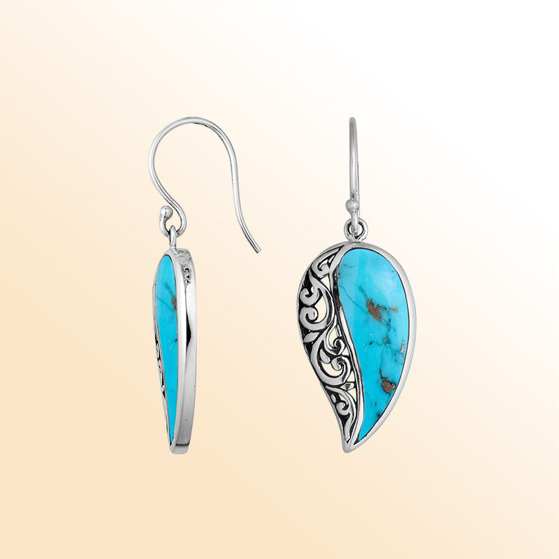 Sterling Silver Turquoise Shell ocean leaf earrings with artistic filigree flow and earwire lock handcrafted in Bali.