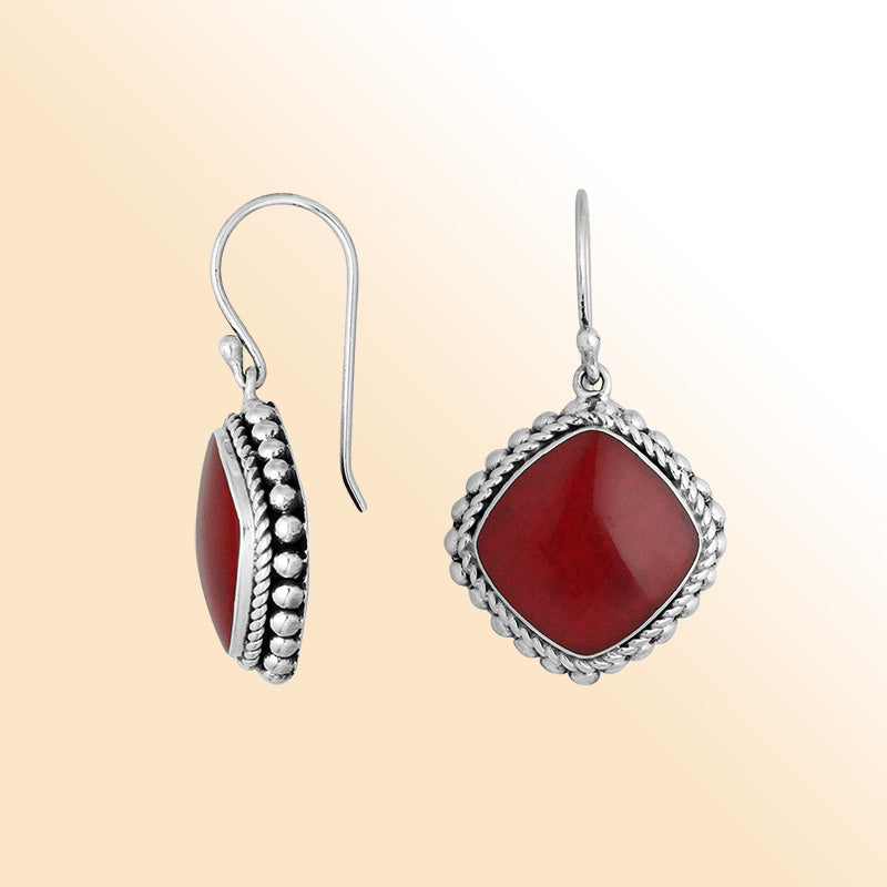 Sterling Silver Red Coral cushion earrings with artistic beaded edge and earwire lock handcrafted in Bali.