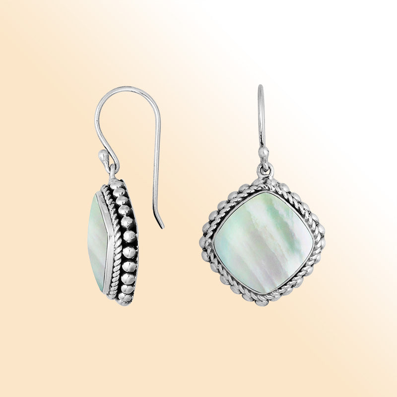 Sterling Silver Mother Of Pearl cushion earrings with artistic beaded edge and earwire lock handcrafted in Bali.