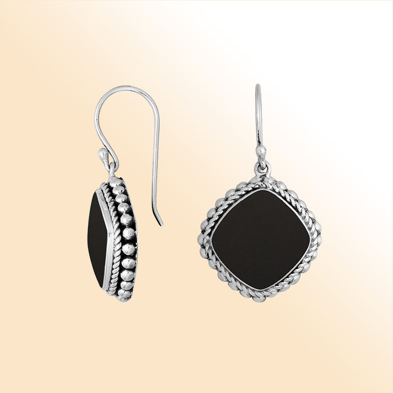 Sterling Silver Black Shell nightfall cushion earrings with artistic beaded edge and earwire lock handcrafted in Bali.