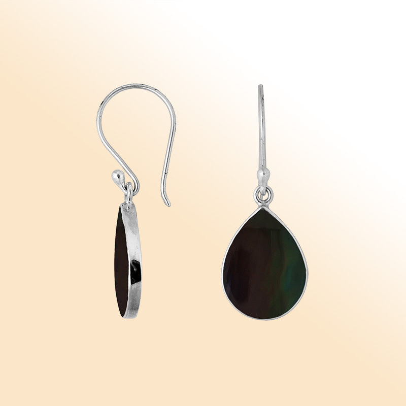 Sterling Silver Black Shell twilight pear earrings with polished drop and earwire lock handcrafted in Bali.