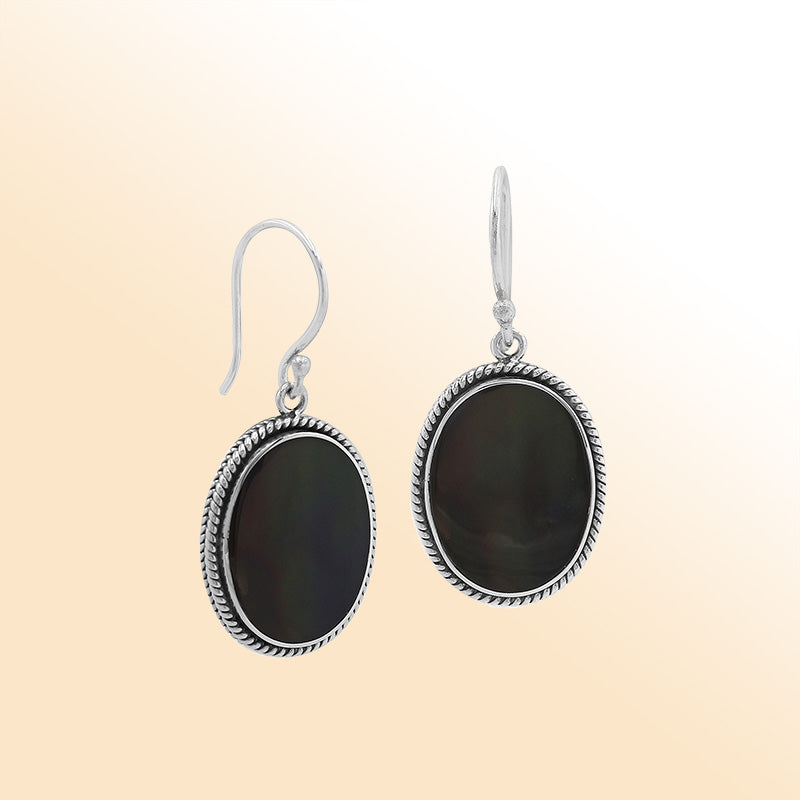 Elegant Sterling Silver Oval Earrings With Black Shell And Rope Frame