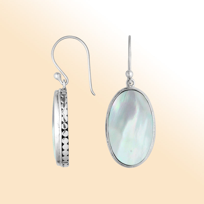 Elegant Sterling Silver Oval Earrings With Mother Of Pearl And Hammered Border
