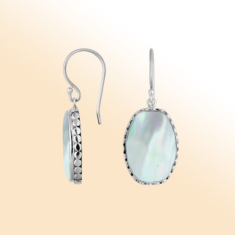 Elegant Sterling Silver Oval Earrings With Mother Of Pearl And Hammered Border
