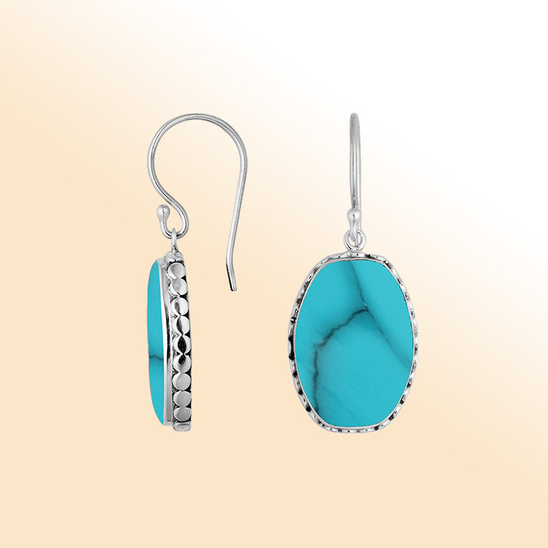 Elegant Sterling Silver Oval Earrings With Turquoise Shell And Hammered Border