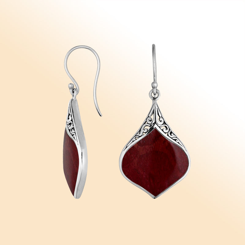 Artistic teardrop earrings with Red Coral and scroll accents
