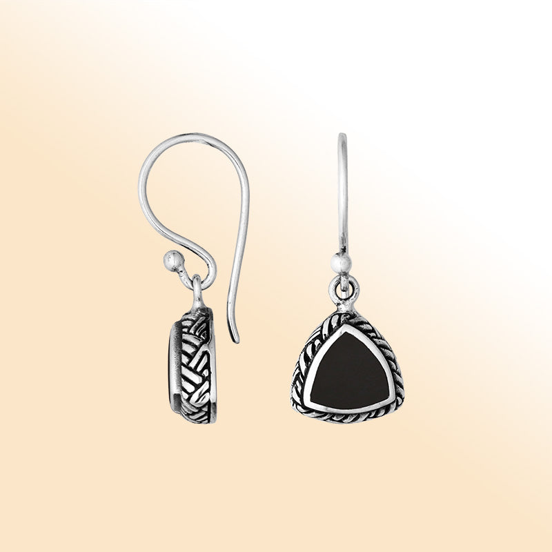 Sterling silver trillion Black Shell earrings with rope detailing handcrafted by artisans