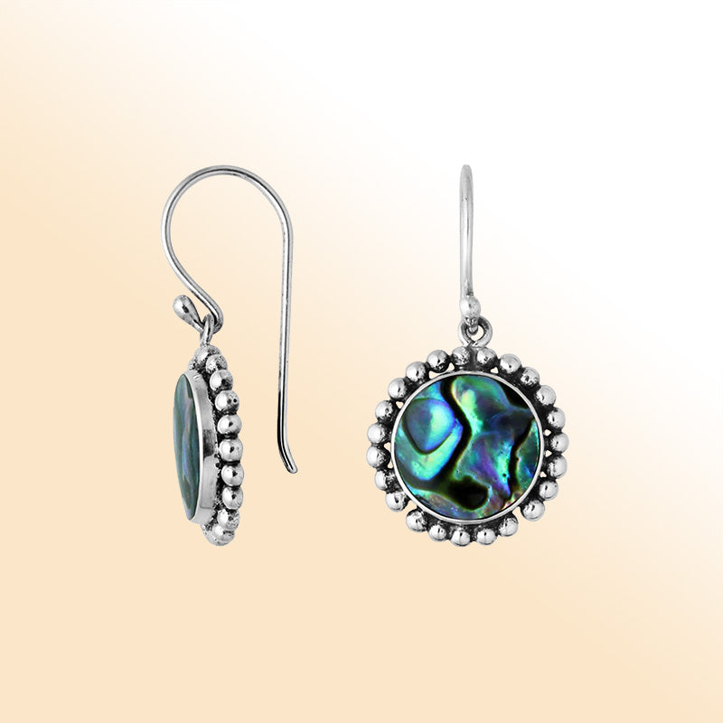 Sterling silver round Abalone Shell earrings with beaded border handcrafted by artisans