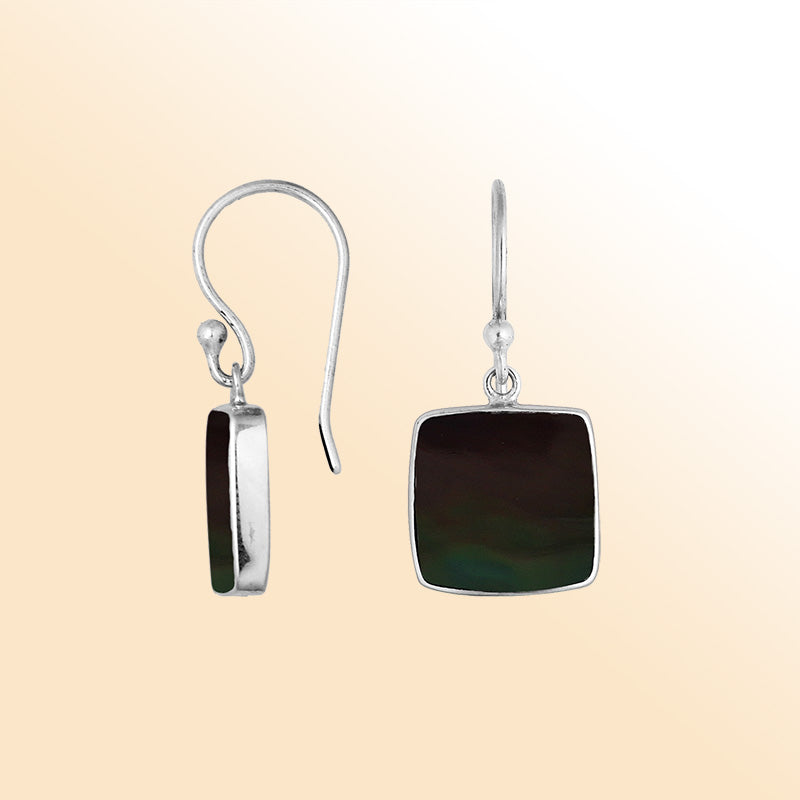 Sterling silver square Black Shell earrings with polished silver frame handcrafted by artisans