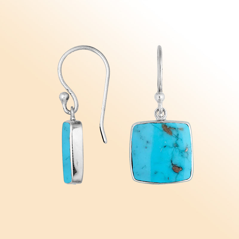 Sterling silver square Turquoise Shell earrings with polished silver frame handcrafted by artisans
