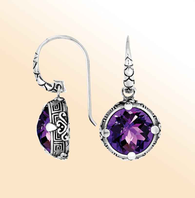 Sterling silver round Blue Topaz Quartz earrings with ornate Balinese detailing handcrafted by artisans