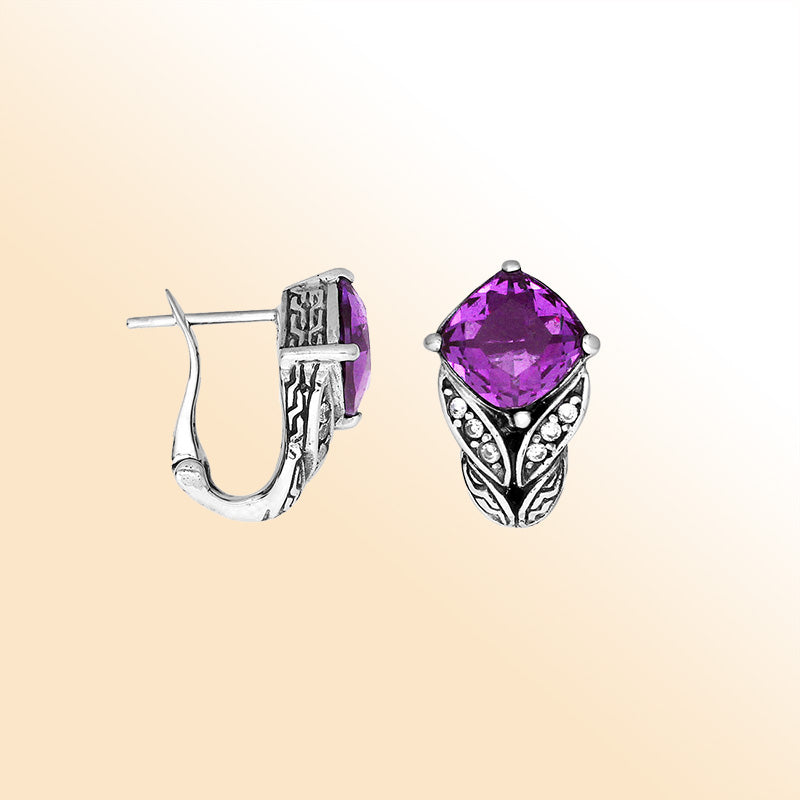 Sterling silver Amethyst Quartz and Cubic Zirconia earrings with polished handcrafted silver design