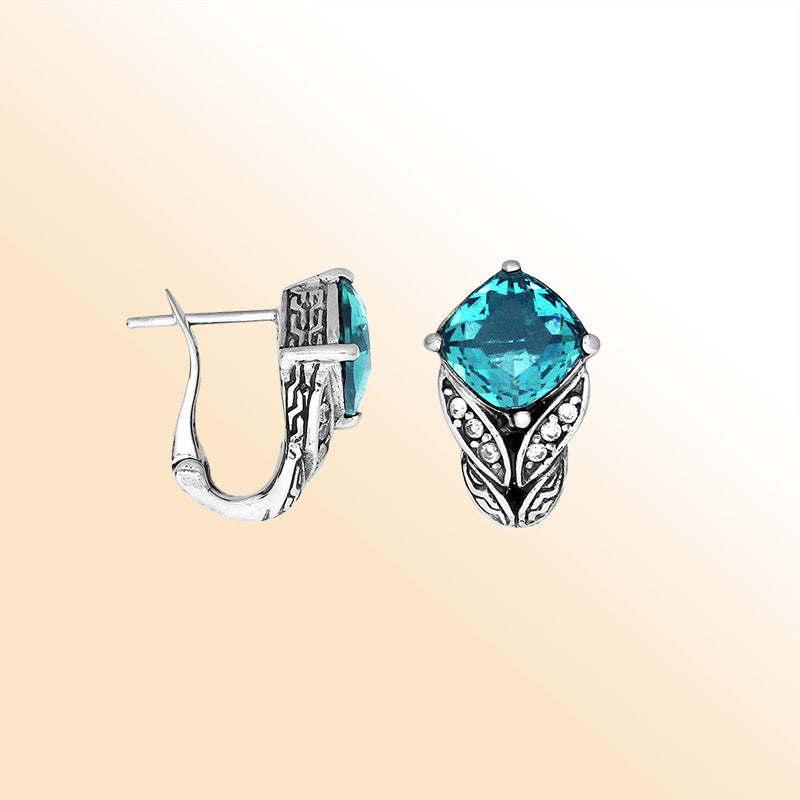 Sterling silver Blue Topaz Quartz and Cubic Zirconia earrings with polished handcrafted silver design