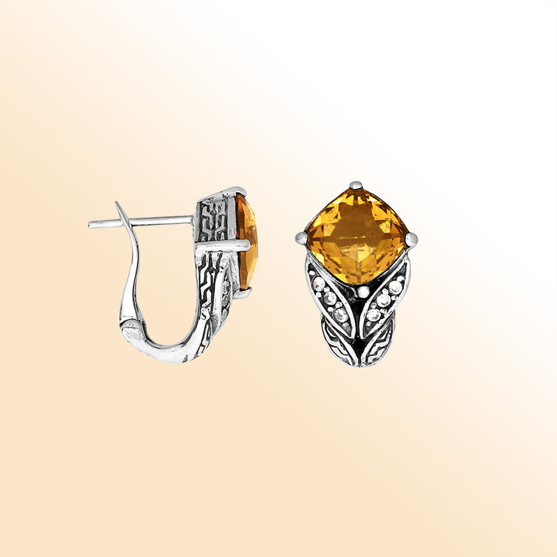 Sterling silver Citrine Quartz and Cubic Zirconia earrings with polished handcrafted detailing