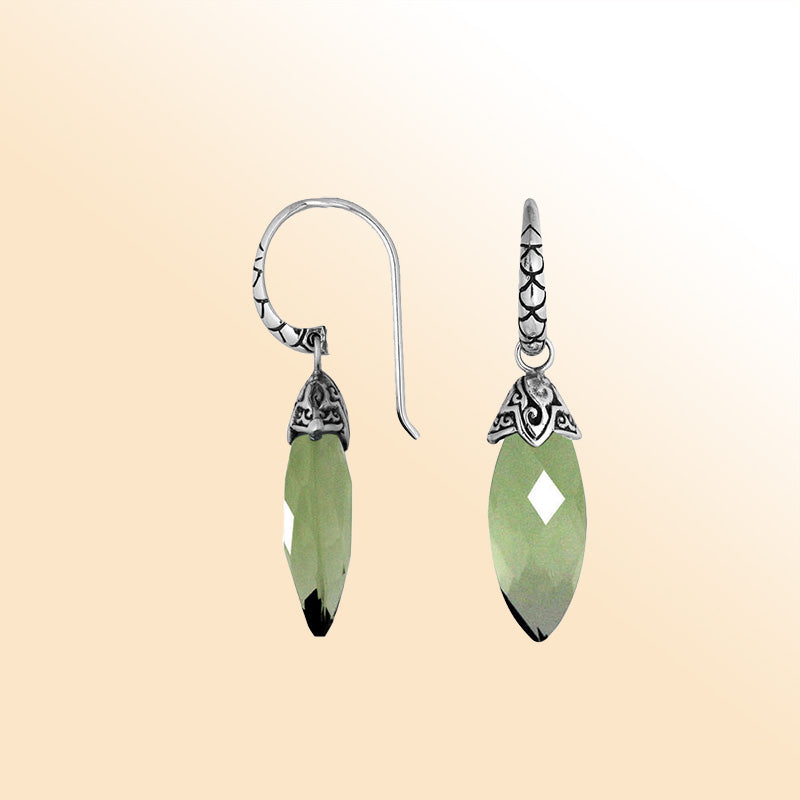 Sterling silver Green Amethyst Quartz drop earrings with handcrafted silver detailing