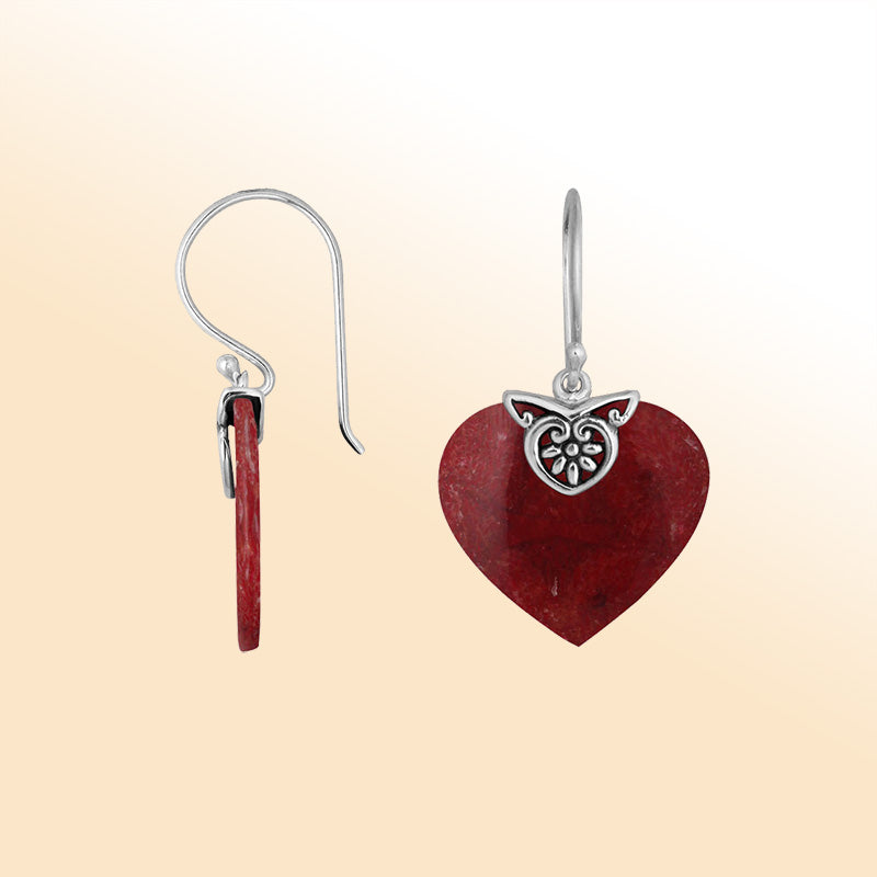 Sterling silver Coral heart drop earrings with handcrafted silver detailing