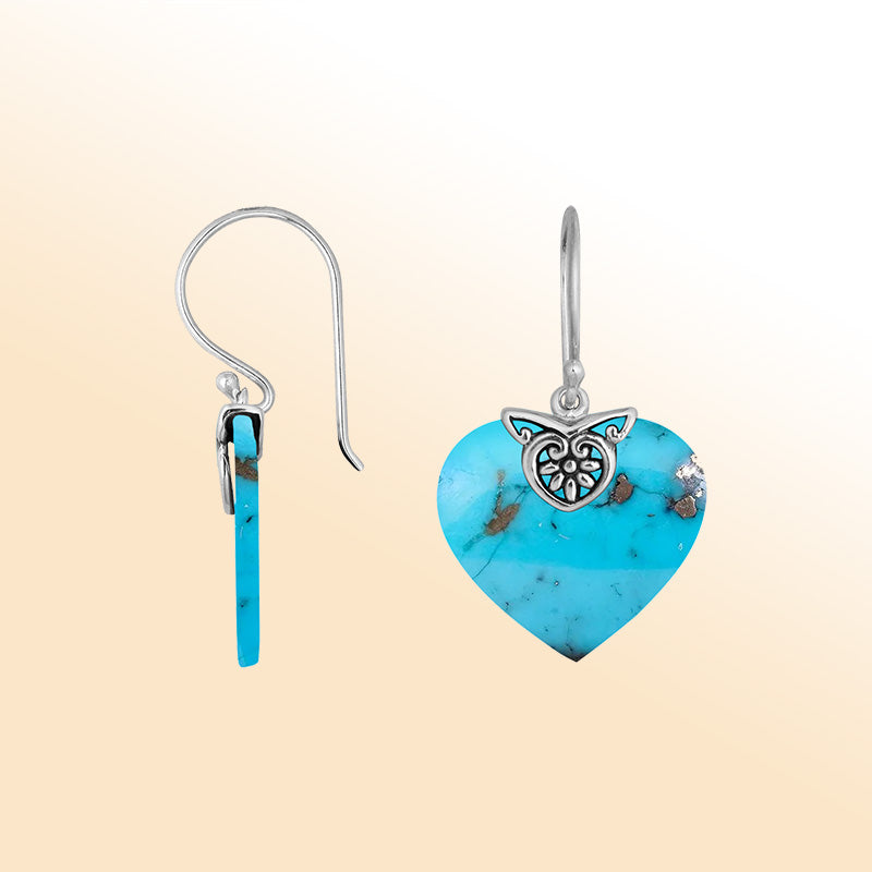 Sterling silver Turquoise Shell heart drop earrings with handcrafted silver detailing