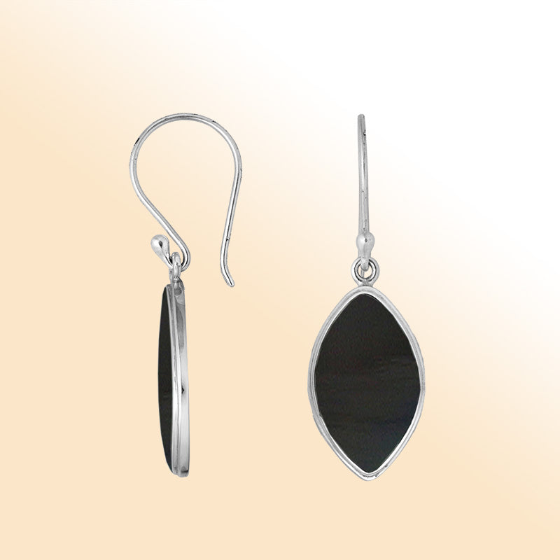 Artisan-style sterling silver marquise earrings showcasing deep Black Shell with polished handcrafted accents.