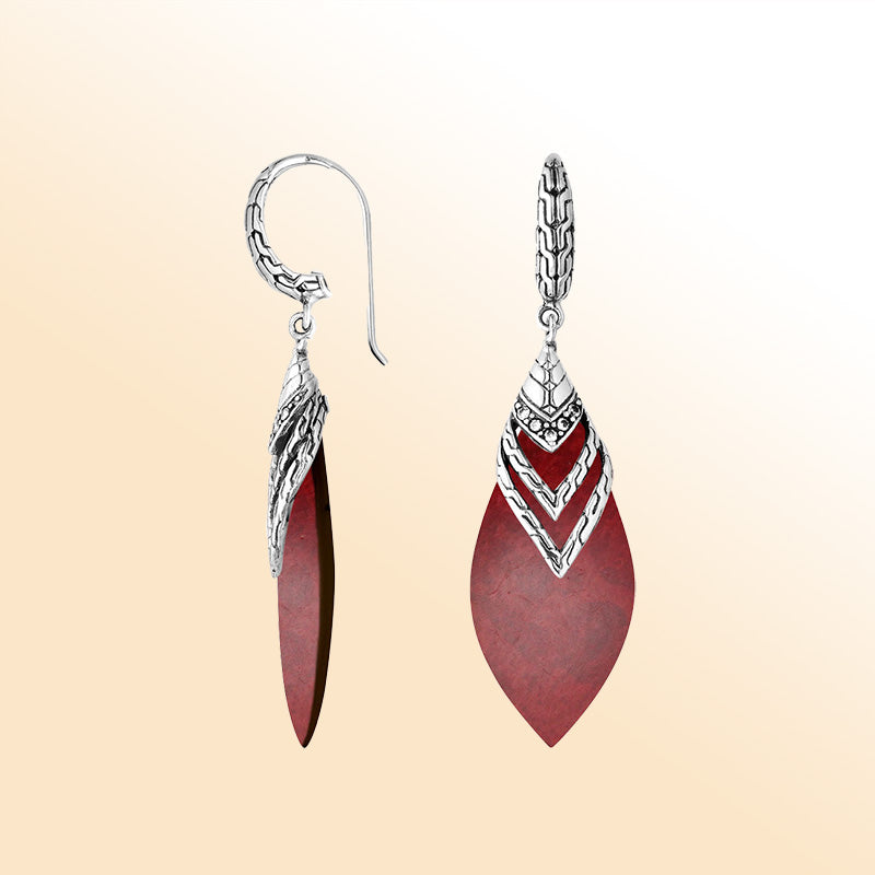 Artisan sterling silver layered leaf earrings with Red Coral, Cubic Zirconia, and polished handcrafted detailing.