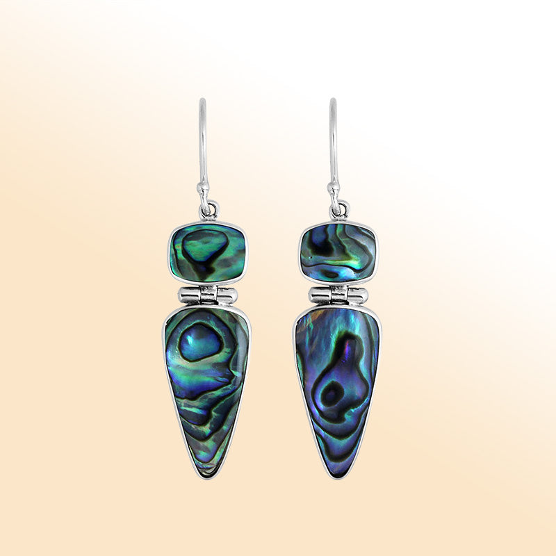Artful sterling silver earrings with tiered Abalone Shell pieces in oceanic hues