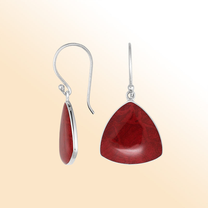Elegant Red Coral trilliant drop earrings in sterling silver for women