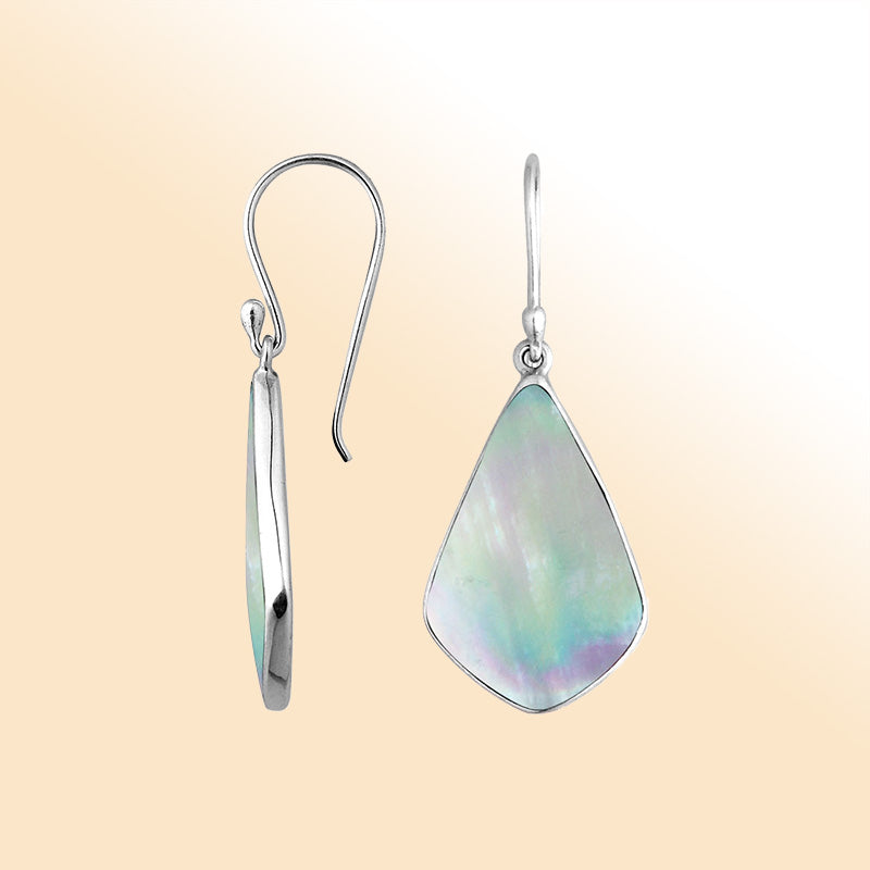 Sterling Silver Mother Of Pearl fancy shape drop earrings for women with Earwire and radiant polish.