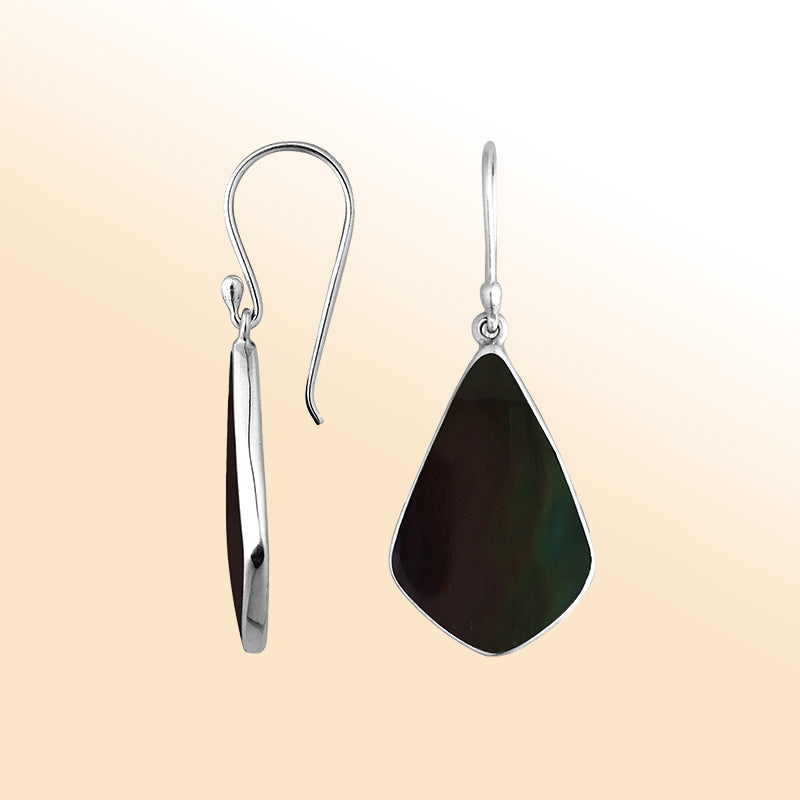 Sterling Silver Black Shell fancy shape drop earrings for women with Earwire and radiant polish.