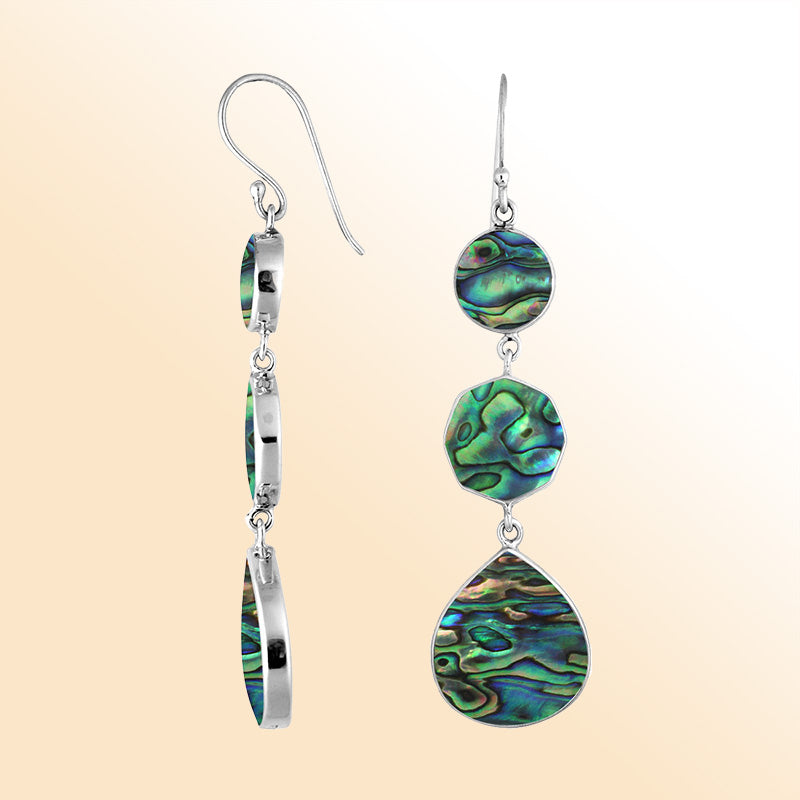 Sterling Silver Abalone Shell multi shape drop earrings for women with Earwire and radiant polish.