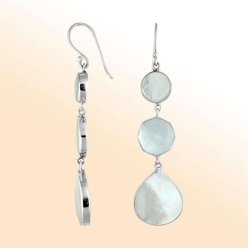 Sterling Silver Mother Of Pearl multi shape drop earrings for women with Earwire and radiant polish.
