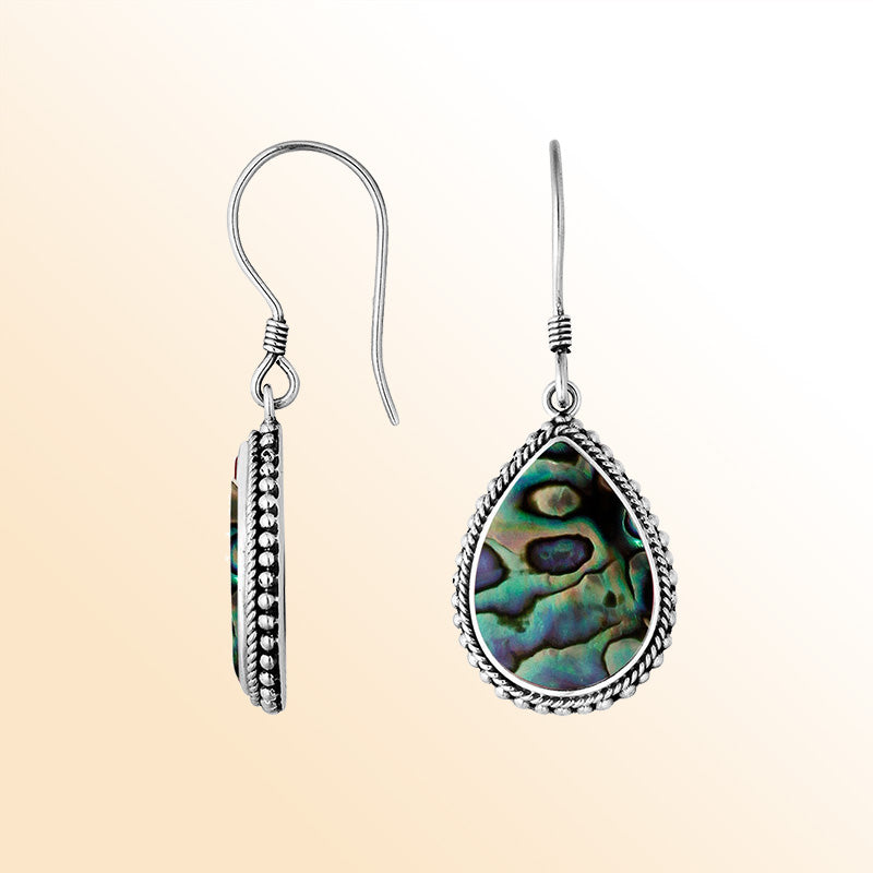 Sterling Silver Abalone Shell pear shape drop earrings for women with Earwire and polished silver border.