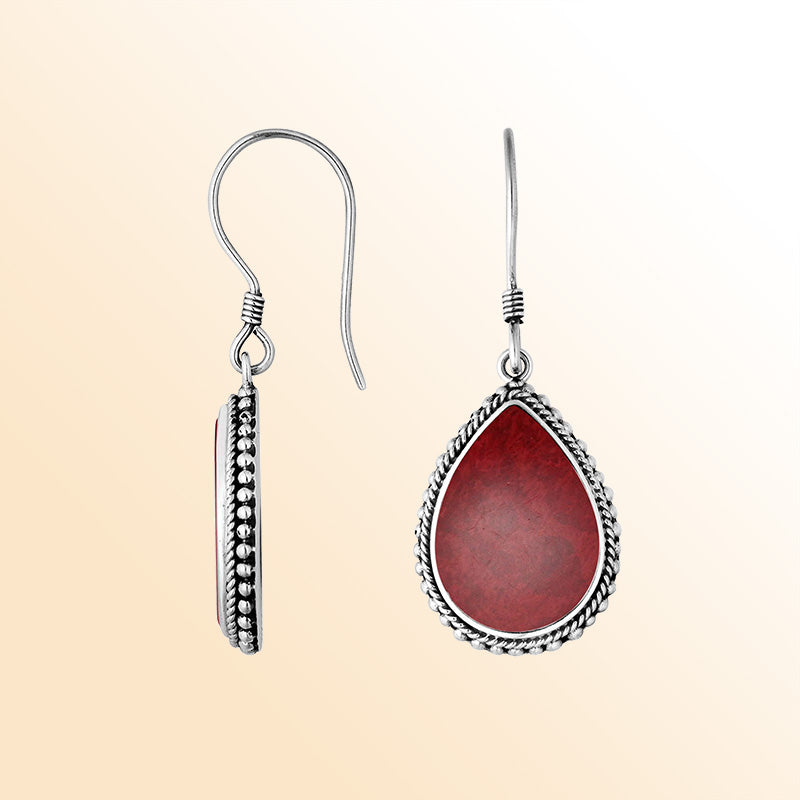 Sterling Silver Red Coral pear shape drop earrings for women with Earwire and detailed silver border handcrafted jewelry.