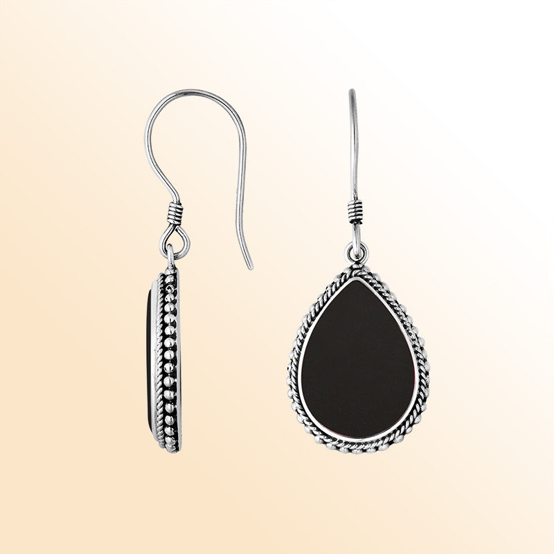 Sterling Silver Black Shell pear shape drop earrings for women with Earwire and polished silver border handcrafted jewelry.
