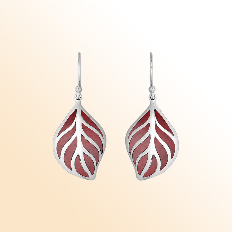 Sterling Silver Red Coral leaf shape earrings for women with Earwire and polished handcrafted silver design.