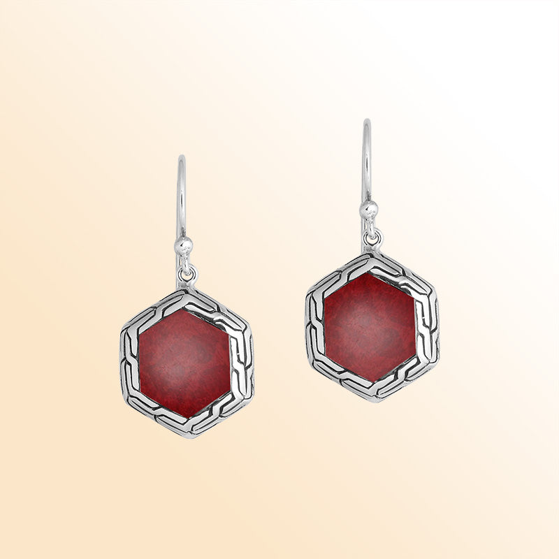 Sterling Silver Red Coral geometric drop earrings with polished finish and Earwire closure.